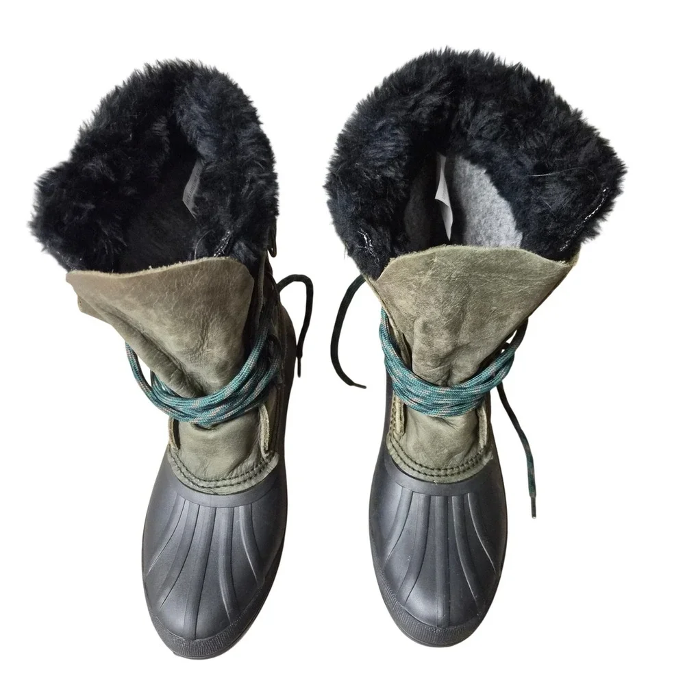 Vintage Sorel Badger Women 6 Olive Green Black Leather Faux Fur Duck Boot Canada